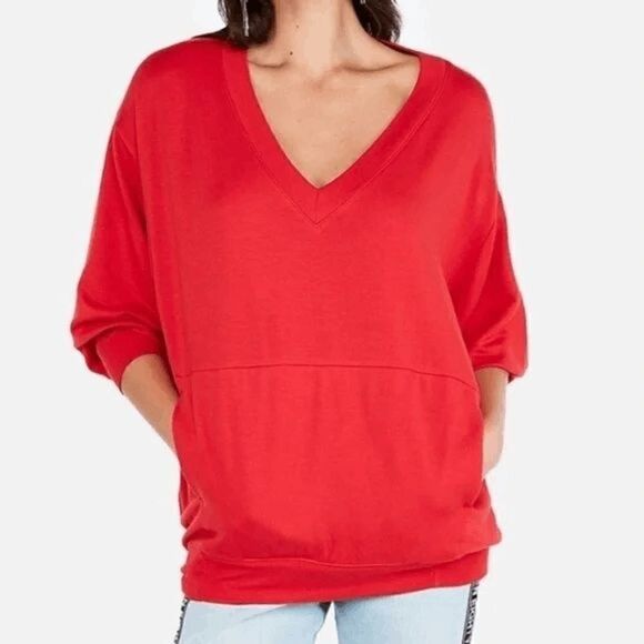 Express Lipstick Red Oversized V Neck Pullover Dolman Style Sweater Small - Picture 7 of 7